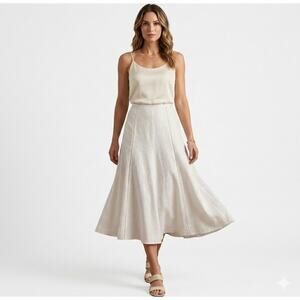 NWT WHBM Ivory Linen Cotton Metallic Sparkle Flare Midi Skirt 10 Minimalist City